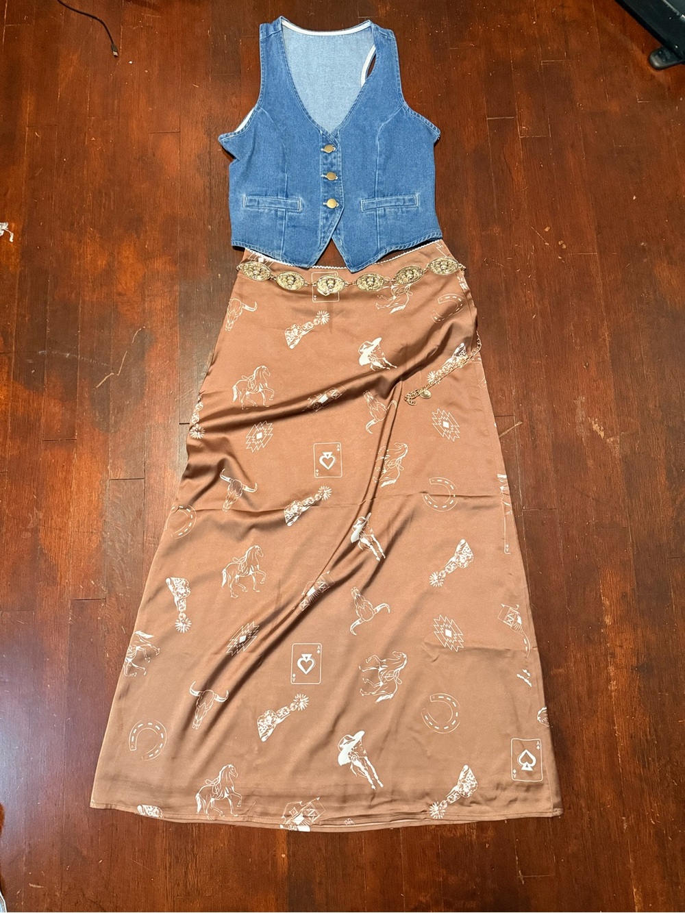 Brown Satin Western Print Maxi Skirt Size M